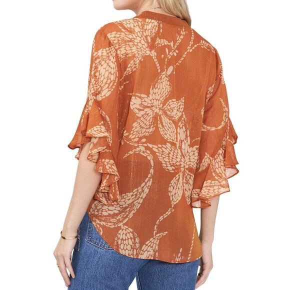 Vince Camuto Pintucked Ruffle Cuff Semi Sheer V-Neck Boho Blouse Orange Medium - Picture 2 of 12